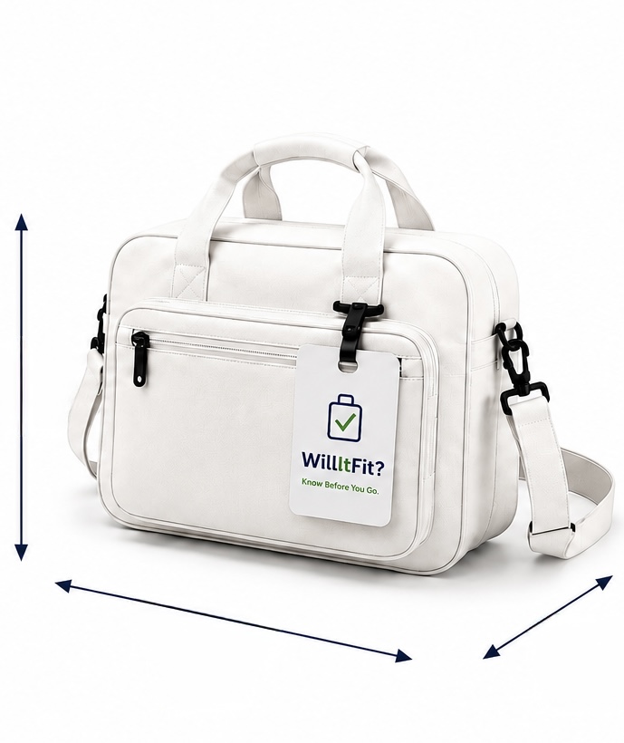 White personal item bag with measurement arrows